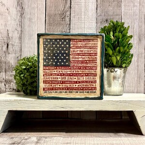 July 4th Rustic Flag With State Names, Patriotic Americana Beeswax Canvas, Farmhouse USA Veterans Gift Memorial Day, Patriotic Table Canvas image 3