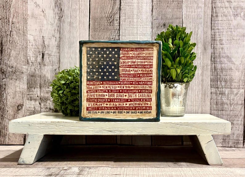 July 4th Rustic Flag With State Names, Patriotic Americana Beeswax Canvas, Farmhouse USA Veterans Gift Memorial Day, Patriotic Table Canvas image 3