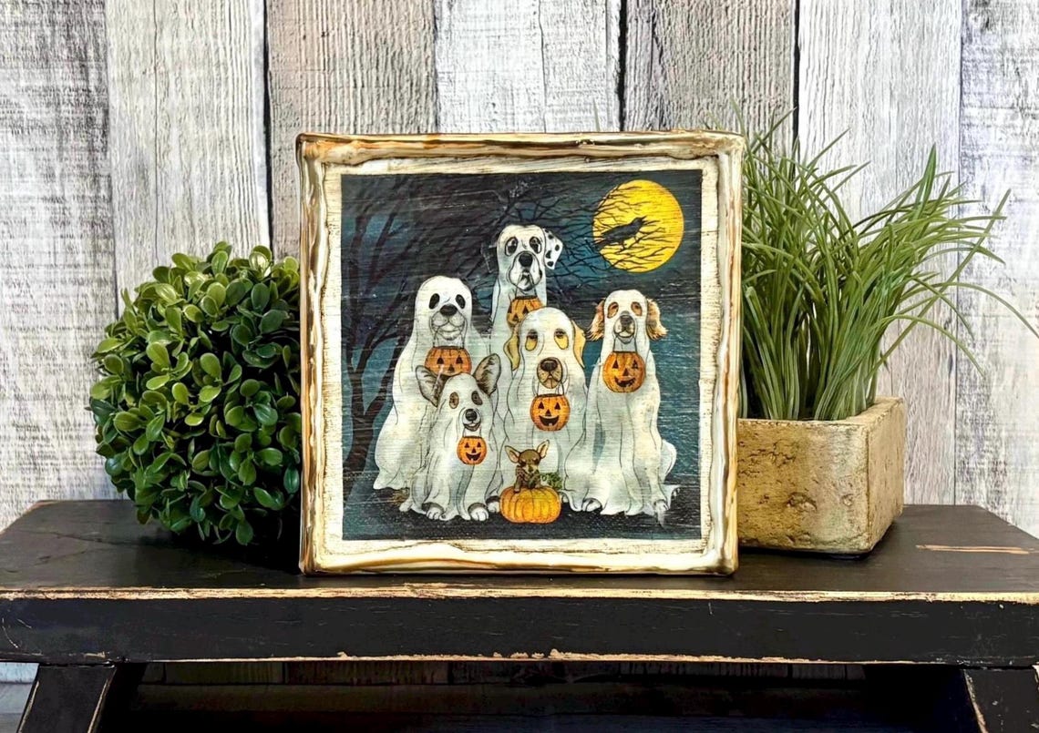 Ghost dogs Halloween fall decor sign.