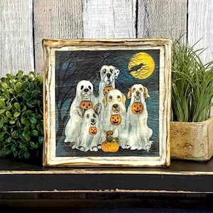 Halloween Ghost Dogs Fall Decorating Sign, Rustic Dogs In Ghost Costumes with Pumpkins, Cute Halloween Tray Tabletop Decor, Dog Lovers Gift