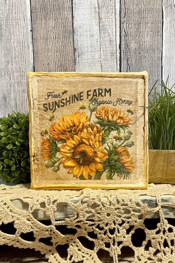 Fall Decorating Sunflower & Honeybee Home Decore Canvas, Primitive Sunflower Farm Kitchen Decorating, Farmhouse Decorator Gift For Bee Lover