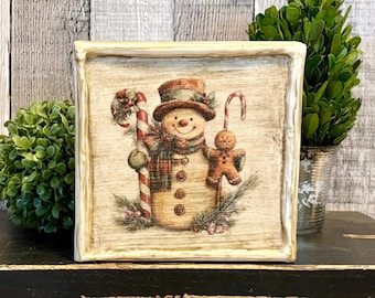 Vintage Snowman Candy Cane Christmas Decor, Snowman Gingerbread Sign, Rustic Farmhouse Holiday Table Art,  Winter Primitive Christmas Canvas