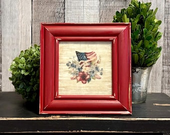 Patriotic Floral Beeswax Americana Flag Tray Art, Rustic Farmhouse July 4th Decor, Cottage Americana Floral Vintage Red Framed Art