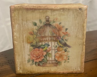 Spring Tiered tray decorations,  Floral Birdcage mini canvas, spring sign ,cottage tier tray, , vintage farmhouse, Easter decore