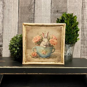 French Country Cottage Shabby Chic Bunny, Spring Decorating Bunnie Tabletop Sign, Vintage Easter Home Decor Rabbit Farmhouse Decorator Gift