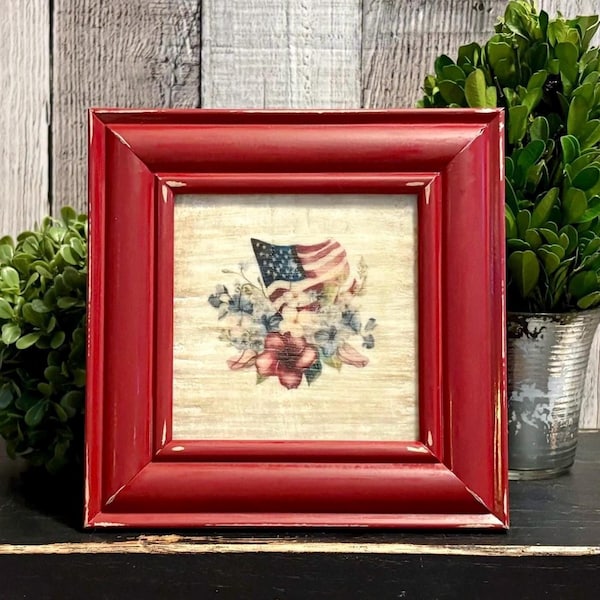 Floral 4th of July Patriotic Small Red Framed Art, Americana Vintage Patriotic Rustic Farmhouse Independence Day, Memorial Day, Veteran Gift