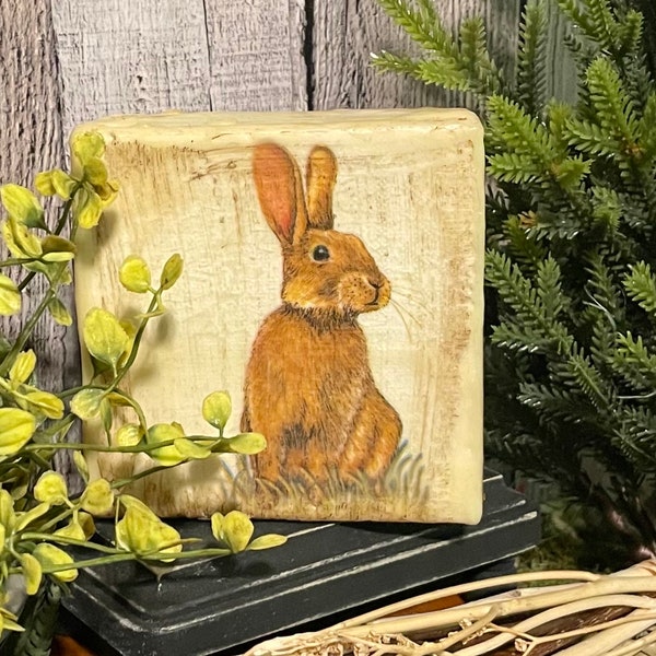 Woodland bunny spring tier tray decor encaustic art,spring decor, summer decor, vintage rabbit decor, farmhouse, decorative gift for spring
