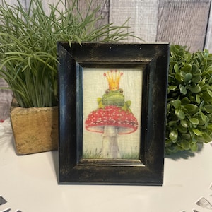 Mini Framed Frog Prince Storybook Art, Spring Beeswax Tray Decor, Cottage Farmhouse Decorator Gift, Frog Lovers Gift, Nursery Shelf Decor image 1