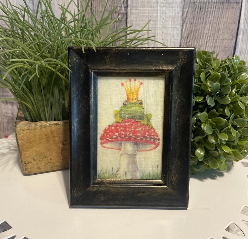Mini Framed Frog Prince Storybook Art, Spring Beeswax Tray Decor, Cottage Farmhouse Decorator Gift, Frog Lovers Gift, Nursery Shelf Decor image 1