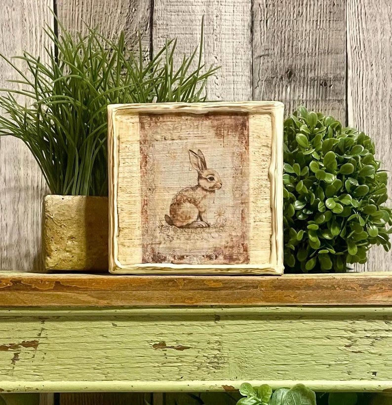 Primitive Bunny Easter Decor, Holiday Tray Styling, Vintage Spring Home Decore, Country Cottage Easter Farmhouse Decorator Gift, charming bunny with vintage style french country look for spring and Easter home table and tray decorating