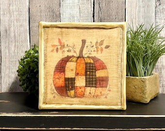 Fall Farmhouse Rustic Patchwork Pumpkin Shelf Sitter, Autumn Pumpkin Tier Tray Decor, Vintage Country Pumpkin  Primitive Tabletop Fall Decor