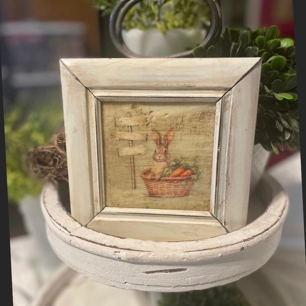 Spring Tiered Tray Vintage Easter Decore, Primitive Bunnies Spring Gift, Rustic Rabbit, Cottage Farm Decorator Gifts, Decorative Home Decor