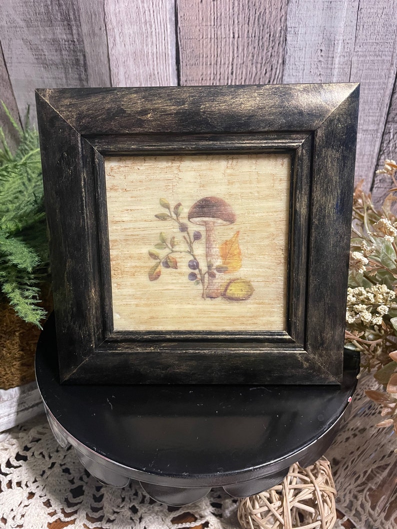 boho mushroom decor, forest art, tiered tray , botanical art , gardener gift,nature decor, cottage core , farmhouse mushroom , kitchen decor, autumn decor, spring woodland art, nature lover present, framed mushroom artwork, encaustic mushroom art