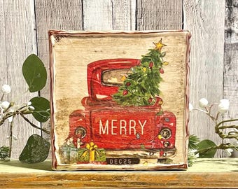 Vintage Red Christmas Truck Canvas Art, Farmhouse Christmas Decor, Rustic Holiday Table Art, Cottagecore Christmas Red Pickup With Tree Sign