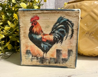 Vintage Rooster Beeswax Farmhouse Kitchen Tray Decor, French Country Cottage Rooster Canvas, Colorful Rooster Shelf Sitter, Chicken Lover