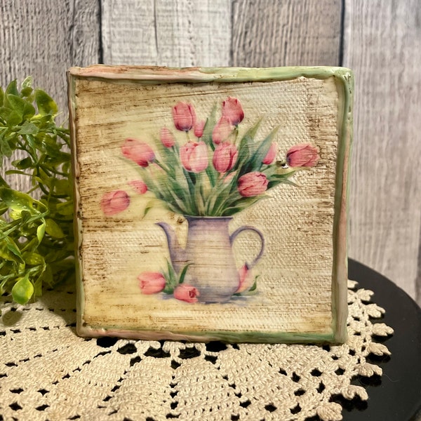 Spring Tulips Tier Tray Decoration, Country Cottage Farmhouse Canvas Art, Rustic Home  Decor, Decorators Gift For Spring, Garden Lovers Gift