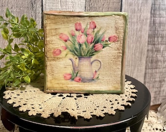 Spring Tulips Tiered Tray, Decorators Gift For Spring, Country Cottage Farmhouse Canvas, Tulip Kitchen Tray Home Decore, Garden Lovers Gift