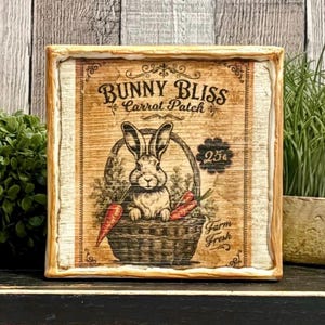 Bunny Bliss Carrot Patch Beeswax Canvas, Vintage Rustic Farmhouse Easter Decor, Cottagecore Spring Rabbit Sign, Easter Bunny Shelf Sitter