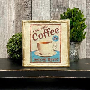 Fresh Hot Coffee Cart Sign, Vintage Coffee Bar Home Decore Tabletop Canvas, Country Kitchen Tray, Farmhouse Decorator Gift For Coffee Lover