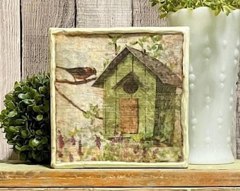 Birdhouse Beeswax Canvas, Rustic Cottagecore Bird Art, Vintage Farmhouse Spring Decor, Primitive Summer Garden Table Sign, Bird Lovers Gift