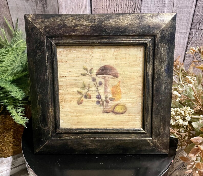 May include: A black framed picture with a beige background featuring a mushroom with brown cap and white stem, surrounded by leaves and berries.