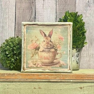 Spring Decorating French Country Cottage Rose Bunny, Vintage Easter Tabletop Home Decor, Rabbit Farmhouse Decorator Gift, Spring Bunnie Sign