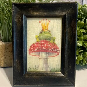 Mini Framed Frog Prince Storybook Art, Spring Beeswax Tray Decor, Cottage Farmhouse Decorator Gift, Frog Lovers Gift, Nursery Shelf Decor image 2