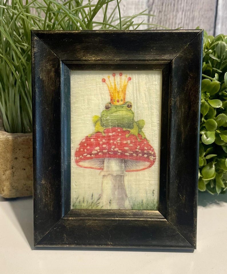 Mini Framed Frog Prince Storybook Art, Spring Beeswax Tray Decor, Cottage Farmhouse Decorator Gift, Frog Lovers Gift, Nursery Shelf Decor image 2