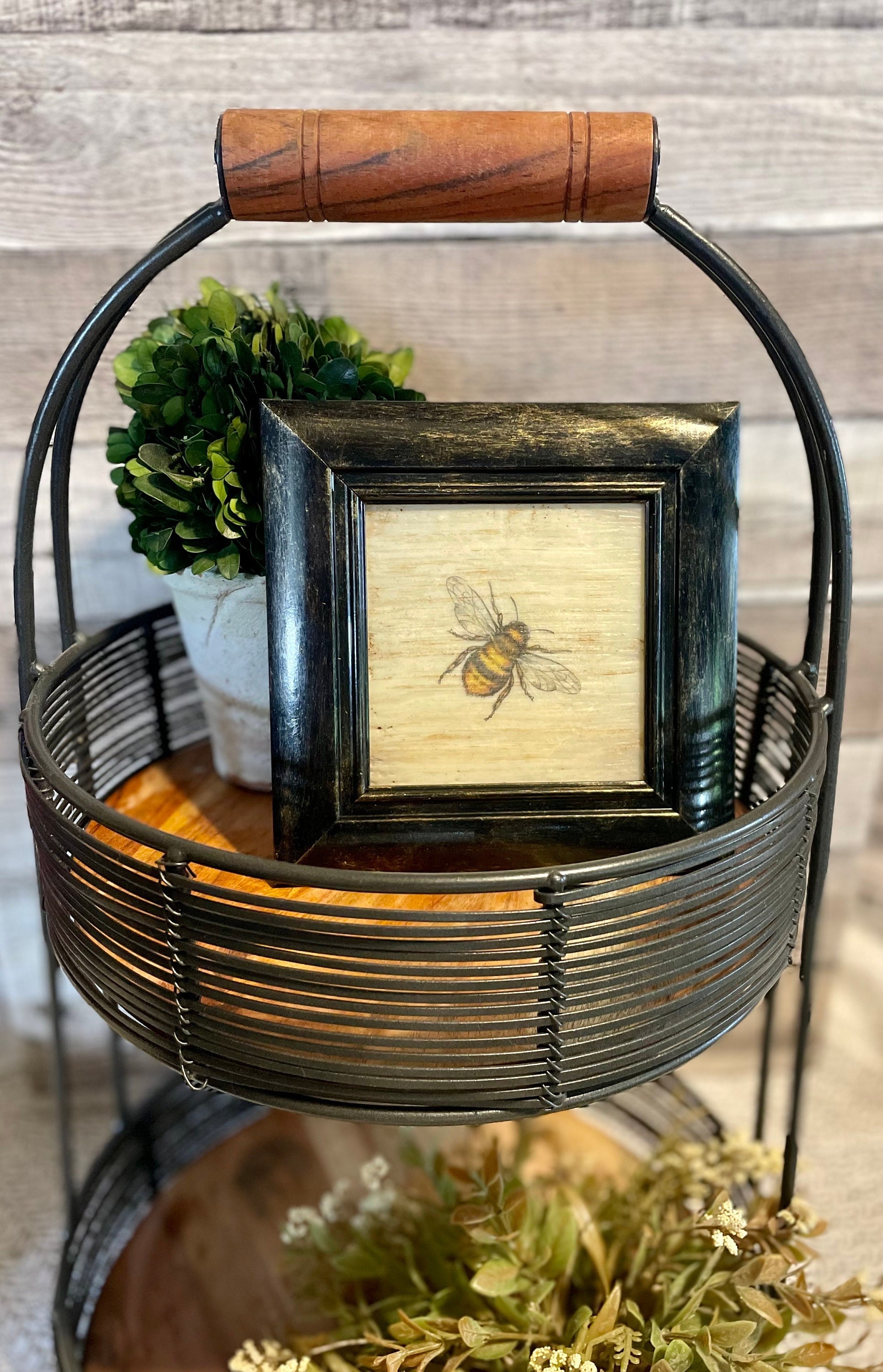 Primitive Framed Honeybee Art, Tiered Tray Decor, Bee Lovers Gift, Farmhouse Decorator, Vintage Cottage Rustic Bee Art, Spring Home Decor