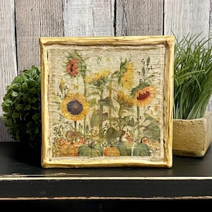Sunflower Rustic Cottage Fall Tray Home Decore, Primitive Country Garden Tabletop Display, Vintage Style Farmhouse Decorator Gift Gardeners