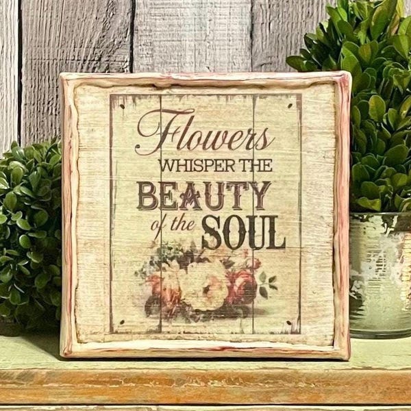 Shabby Chic Rose Sign For Table & Trays, Vintage English Cottage Tabletop Canvas, Inspirational French Farmhouse Decorator Gift For Her