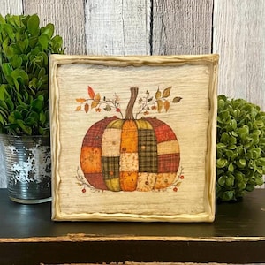 Fall Decorating Colorful Pumpkin,  Cottagecore Patchwork Vintage Pumpkin Tabletop Tray Decor, Autumn Thanksgiving  Farmhouse Decorator Gift