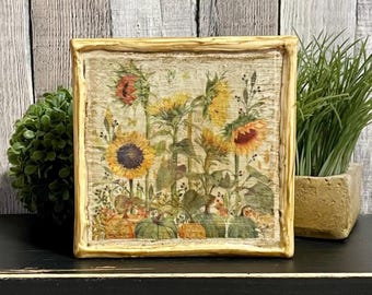 Sunflower Rustic Cottage Fall Tray Home Decore, Primitive Country Garden Tabletop Display, Vintage Style Farmhouse Decorator Gift Gardeners
