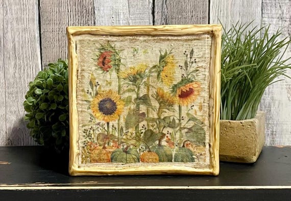Sunflower Rustic Cottage Fall Tray Home Decore, Primitive Country Garden Tabletop Display, Vintage Style Farmhouse Decorator Gift Gardeners