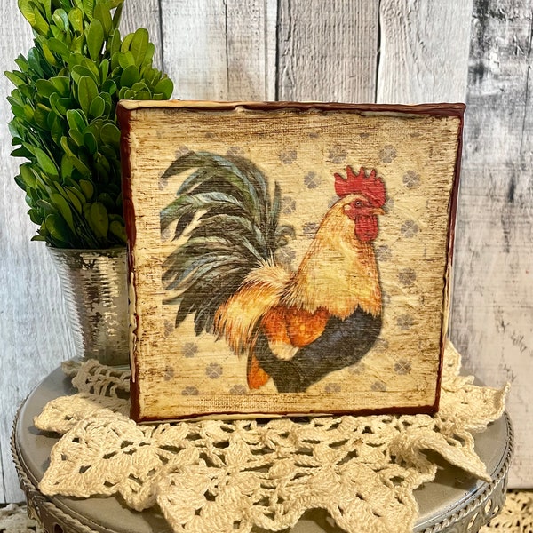 Rustic Country Rooster, Kitchen Tier Tray Decor, Colorful Farm Folk Art Canvas, Cottage Farmhouse Decorator Gift, French Country Chic Art