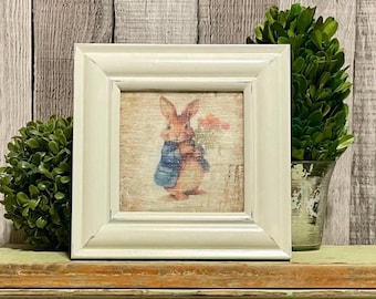 Vintage Framed Bunny For Easter Trays, Shabby Chic Floral Farmhouse Decorator Gift Bunnie Lover, Country Cottage Bunny Rabbit Print