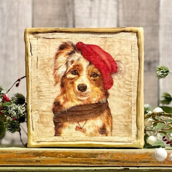 Dog Themed Winter Decorating, Australian Shepherd Home Decore For Christmas Tray Styling, Holiday Farmhouse Decorator Gift, Dog Lovers Gift