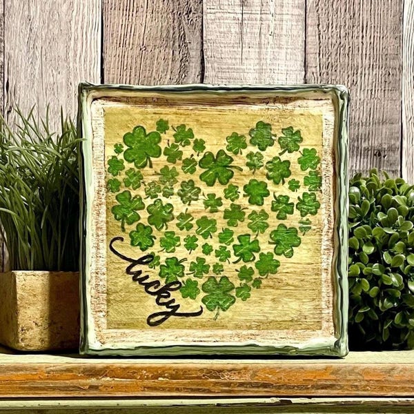 Vintage St Patrick Shamrock Saint Patrick Day Decorating, Four Leaf Lucky Clover Canvas, Saint Patty’s Home Decore, Farmhouse Decorator Gift