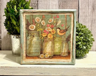 Farmhouse Country Cottage Floral Canvas, Bird and Wildflower Mason Jar Tray Table Art, Farmhouse Cottage Rustic Floral Sign, Decorative Gift