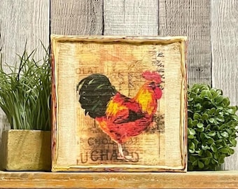 Colorful Rooster French Country Kitchen Table Canvas, Rustic Country Farmhouse Chicken Decor, Vintage Rooster Cottagecore Art, Rooster Sign