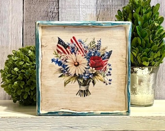 Patriotic Vintage July 4th Floral Beeswax Canvas, American Flag Daisy Decor, Rustic Americana Independence Day Memorial Day Table Mantel Art