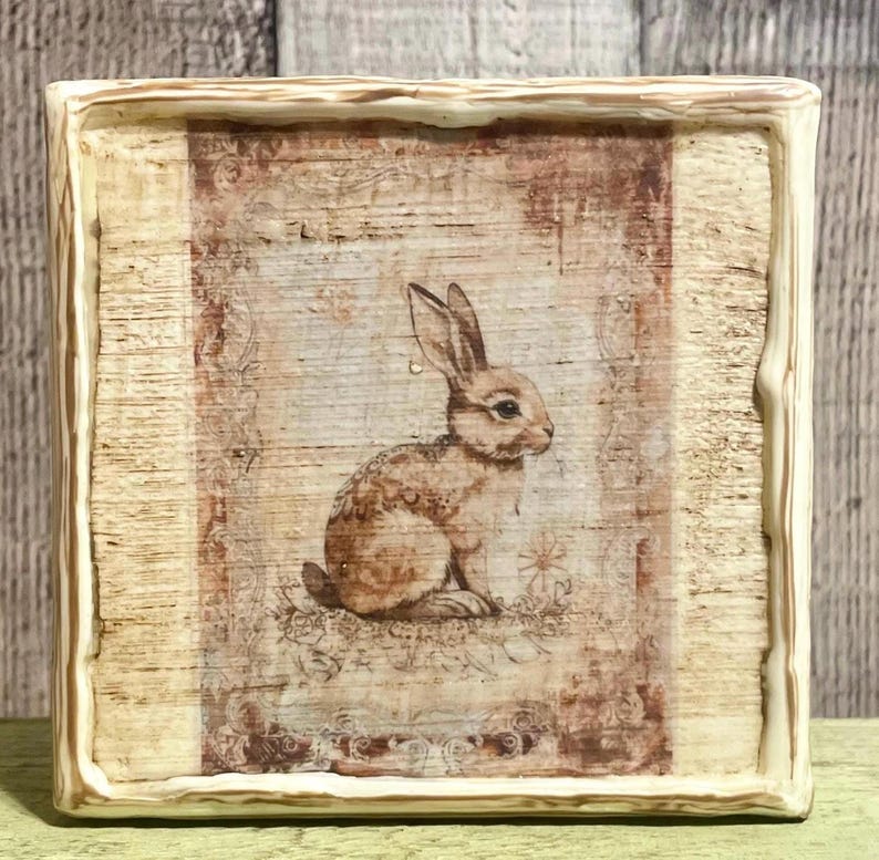 Primitive Bunny Easter Decor, Holiday Tray Styling, Vintage Spring Home Decore, Country Cottage Easter Farmhouse Decorator Gift, charming bunny with vintage style french country look for spring and Easter home table and tray decorating