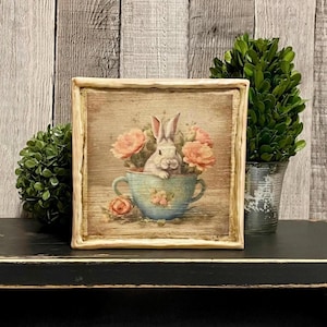 French Country Cottage Shabby Chic Bunny, Spring Decorating Bunnie Tabletop Sign, Vintage Easter Home Decor Rabbit Farmhouse Decorator Gift