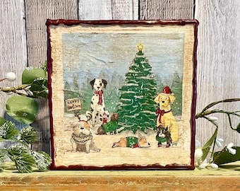 Vintage Christmas Dogs Beeswax Canvas, Farmhouse Holiday Dog Table Art, Cottagecore Christmas Dog Sign, Rustic Winter Puppy Dog Lovers Gift
