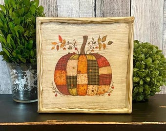 Fall Decorating Colorful Pumpkin,  Cottagecore Patchwork Vintage Pumpkin Tabletop Tray Decor, Autumn Thanksgiving  Farmhouse Decorator Gift