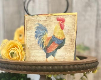 Rooster Beeswax Canvas, Rustic Farmhouse Chicken Shelf Sitter, Cottagecore Rooster, Vintage Farm Kitchen Tray Decor, French Country Rooster