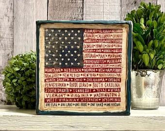 July 4th Rustic Flag With State Names, Patriotic Americana Beeswax Canvas, Farmhouse USA Veterans Gift Memorial Day, Patriotic Table Canvas