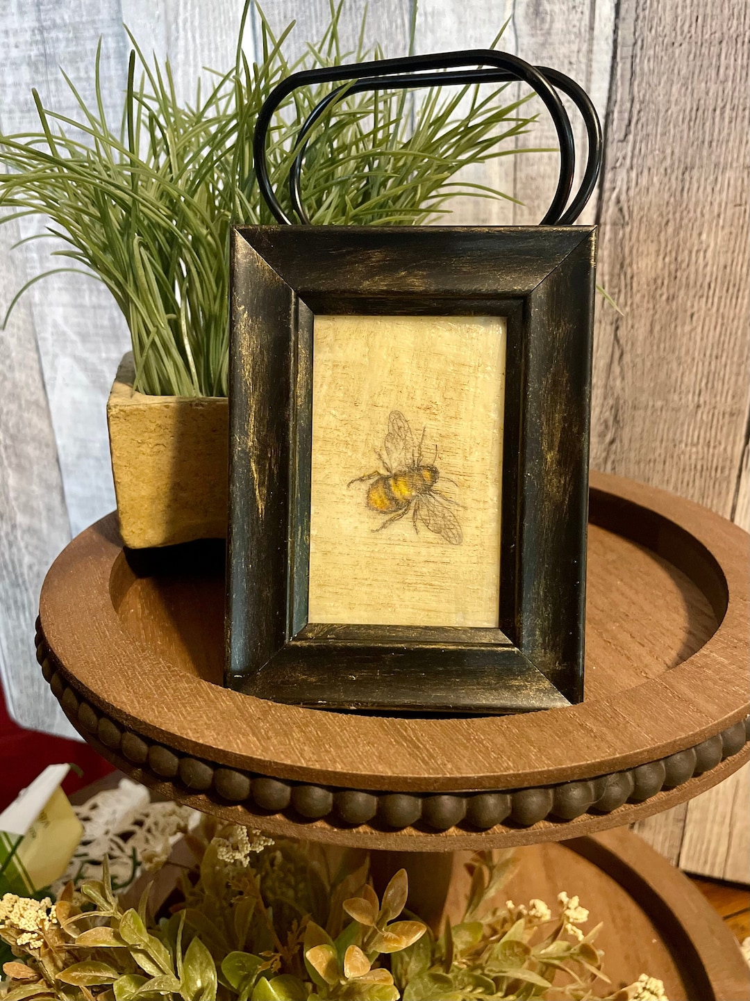Primitive Framed Honeybee Art, Tiered Tray Decor, Botanical Mini Frame