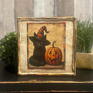 Halloween Fall Decorating Black Cat Witch Pumpkin Halloween, Rustic Fall Farmhouse Tiered Tray Decoration, Vintage Halloween Shelf Sitter