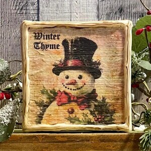 Winter Thyme Snowman Beeswax Canvas, Vintage Christmas Snowman Sign Rustic Winter Tray Art, Farmhouse Holiday Decor, Cottage Christmas